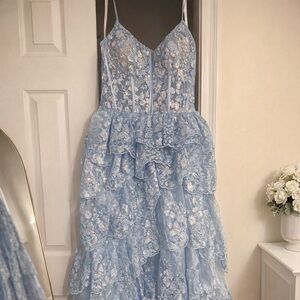 Jovani Sky Blue Floral Lace Gown